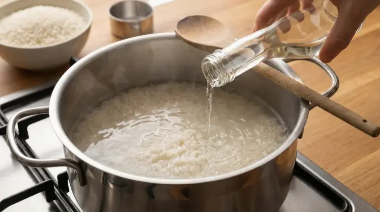 Una mano versa aceto in una pentola con riso in cottura sul fornello