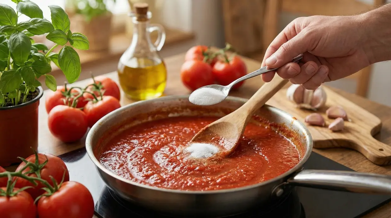 Mano che aggiunge zucchero al sugo di pomodoro in una padella sul fornello