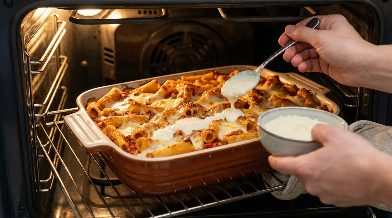 Una persona aggiunge besciamella alla pasta al forno mentre cuoce in forno