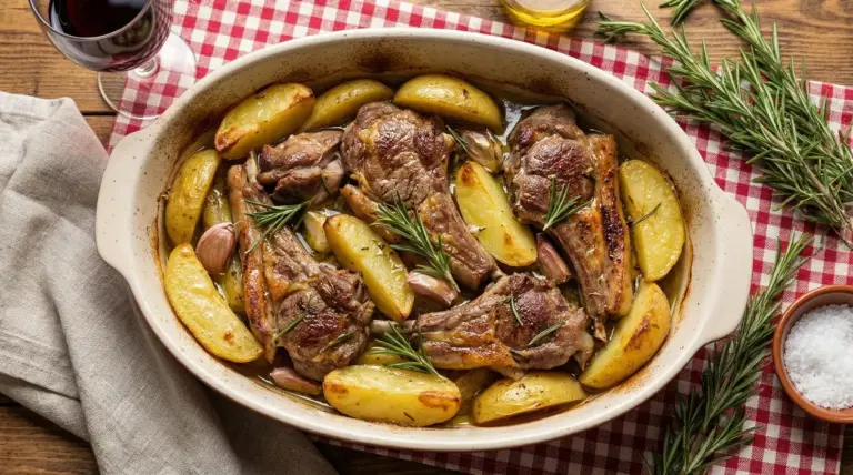Agnello al forno con patate e rosmarino in una teglia su tovaglia a quadri