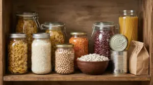 Barattoli e contenitori in dispensa con pasta, legumi, riso e alimenti secchi