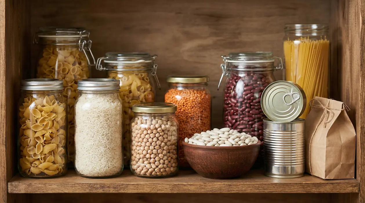 Barattoli e contenitori in dispensa con pasta, legumi, riso e alimenti secchi