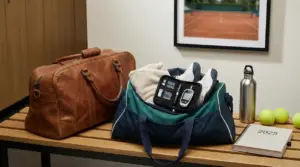 Borsa da palestra con scarpe sportive, kit per il diabete e asciugamano su una panchina accanto a oggetti da tennis