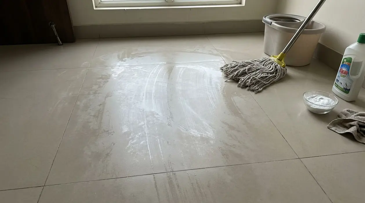 Pavimento con aloni visibili dopo la pulizia, vicino a uno straccio, secchio e detersivo