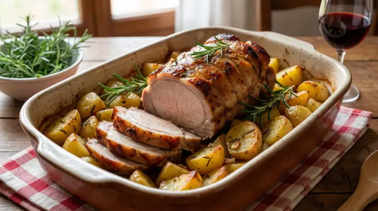 Arista di maiale al forno con patate dorate in una teglia, guarnita con rametti di rosmarino