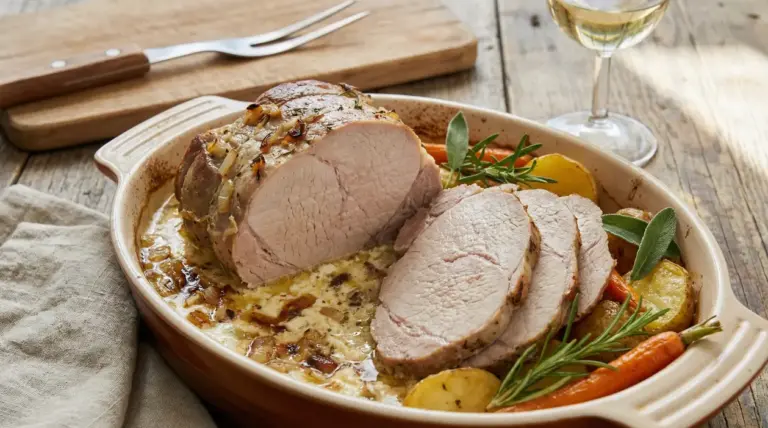 Arrosto di vitello al latte servito in teglia con patate, carote e erbe aromatiche