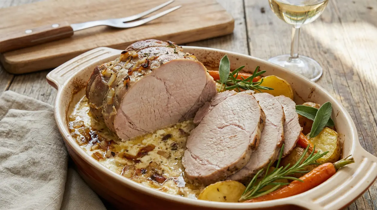 Arrosto di vitello al latte servito in teglia con patate, carote e erbe aromatiche