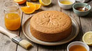 Pan di Spagna su piatto con ingredienti per bagna come agrumi, sciroppi e pennello da cucina