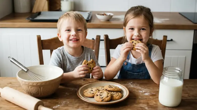 Due bambini sorridenti mangiano biscotti fatti in casa a un tavolo da cucina.