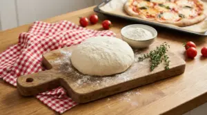 Impasto per pizza su tagliere di legno con farina, pomodorini e pizza margherita sullo sfondo