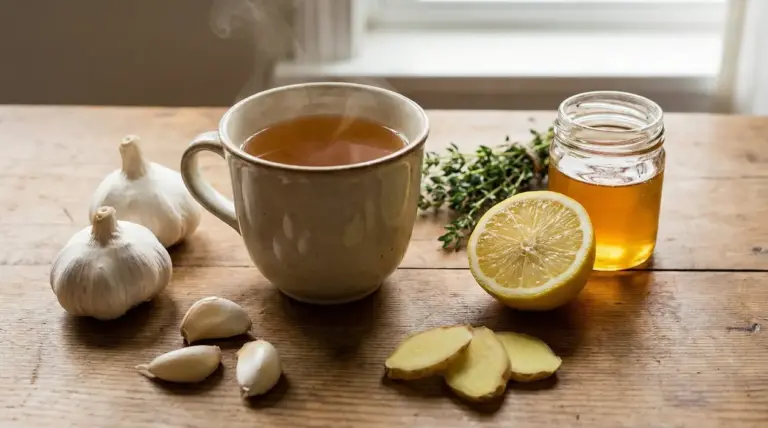 Tazza di tè all'aglio con limone, miele, zenzero e spicchi d'aglio su un tavolo in legno