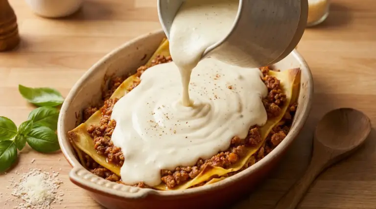 Besciamella cremosa versata su lasagne al ragù in una teglia