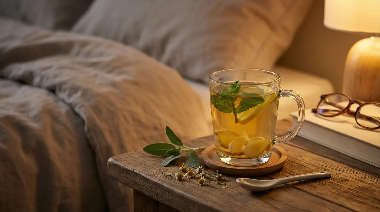 Tisana con limone, zenzero e menta su un comodino accanto a un letto