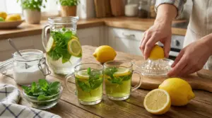Una persona prepara una bevanda digestiva con limone e menta in una cucina rustica