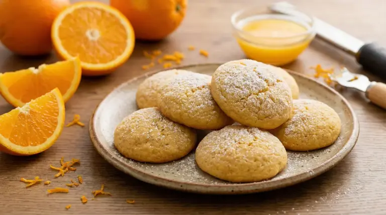 Biscotti morbidi all'arancia spolverati di zucchero a velo su un piatto con fette di arancia accanto