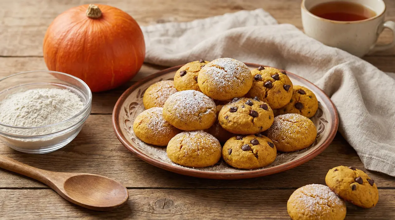 Biscotti alla zucca con gocce di cioccolato su un piatto di ceramica, accanto a una zucca e una ciotola di farina