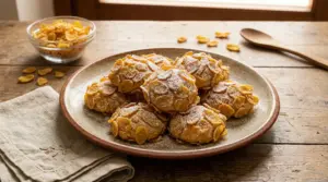 Biscotti rose del deserto con corn flakes e zucchero a velo su un piatto rustico