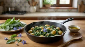 Padella con borragine e patate, decorata con fiori di borragine, su tavolo da cucina in legno