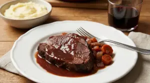 Fetta di brasato al vino rosso con contorno di carote e purè di patate