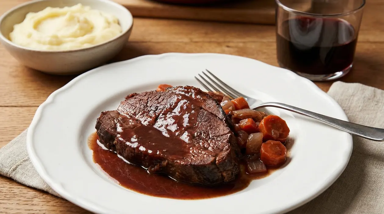 Fetta di brasato al vino rosso con contorno di carote e purè di patate