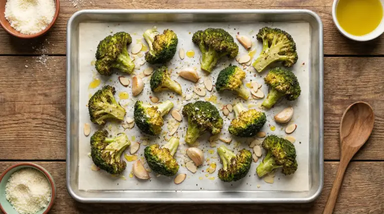 Broccoli arrosto con aglio, mandorle e formaggio su teglia da forno