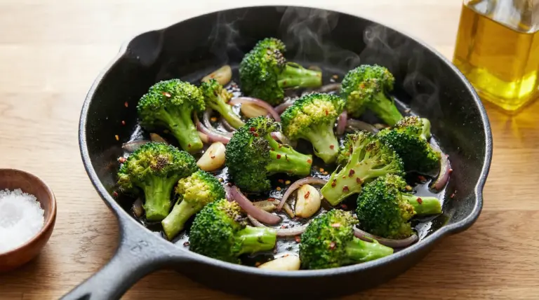 Broccoli saltati in padella con aglio, cipolla e spezie