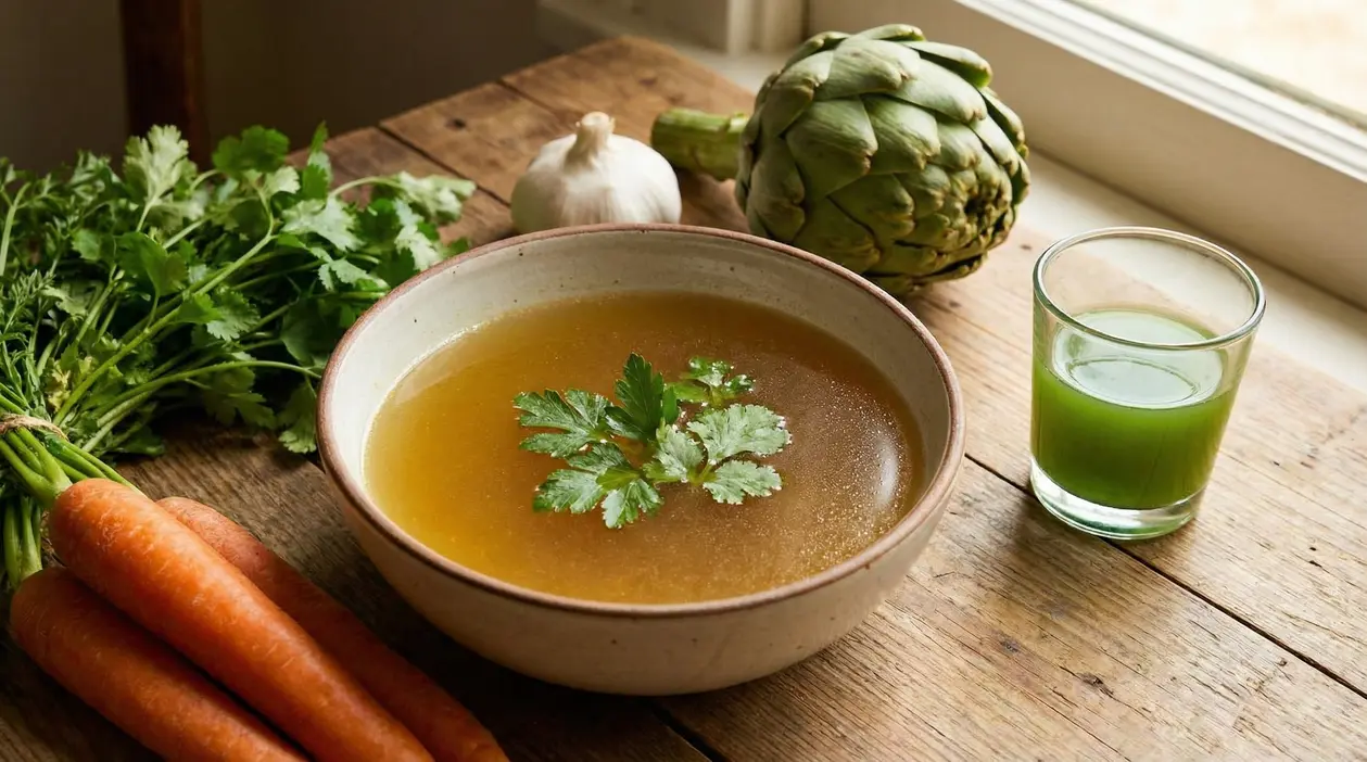 Ciotola di brodo vegetale con verdure fresche su un tavolo rustico