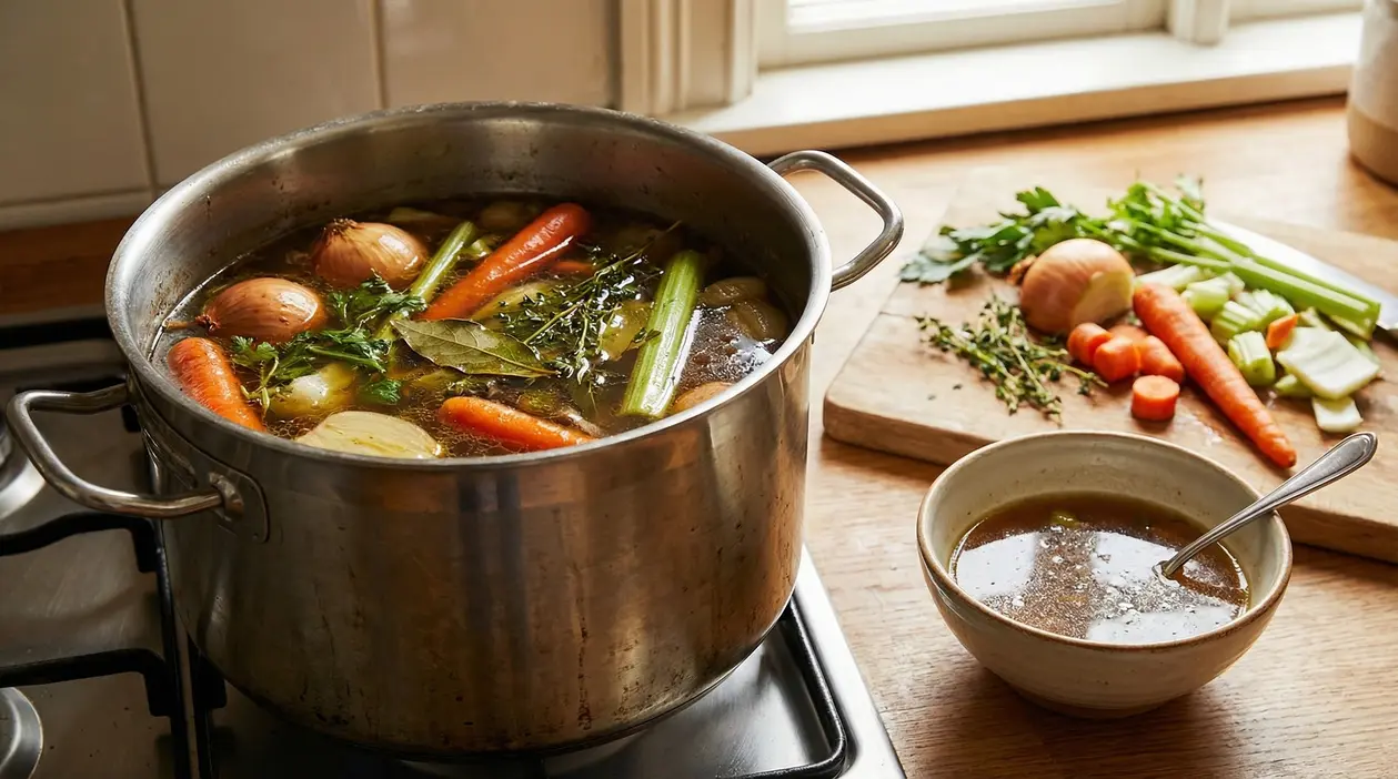 Pentola di brodo vegetale con verdure fresche come carote, sedano e cipolla