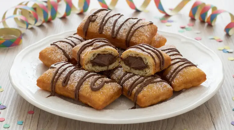 Bugie di Carnevale ripiene di Nutella su un piatto con zucchero a velo e fili di cioccolato