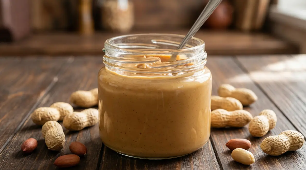 Barattolo di burro d’arachidi fatto in casa con arachidi sparse su un tavolo di legno