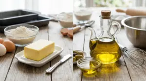 Ingredienti per dolci con burro a sinistra e olio extravergine d'oliva a destra su un tavolo di legno