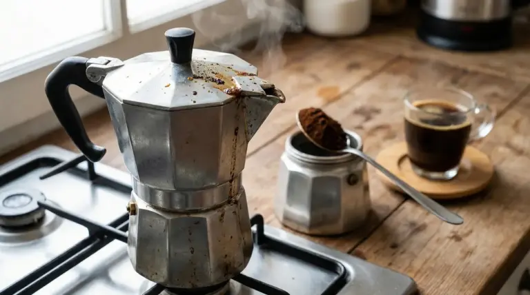 Moka sul fornello con fuoriuscite di caffè e vapore, accanto a tazza e barattolo di polvere di caffè