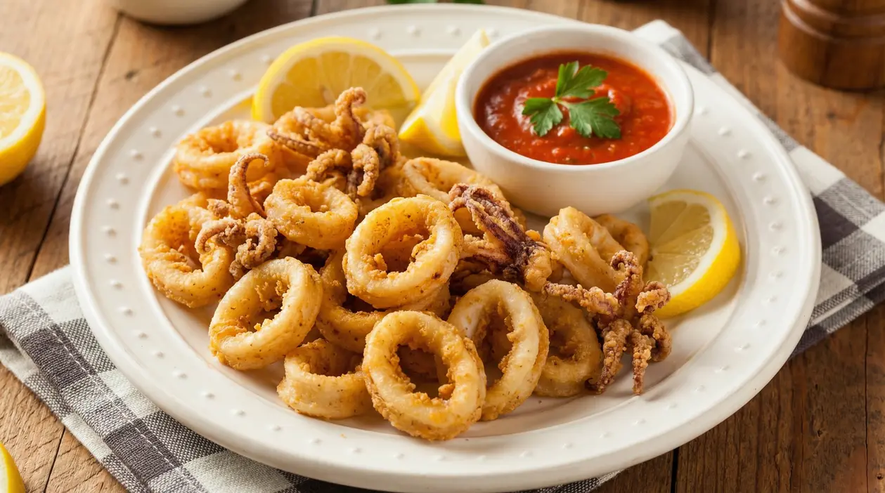 Piatto di calamari fritti con fettine di limone e salsa rossa su un tavolo in legno