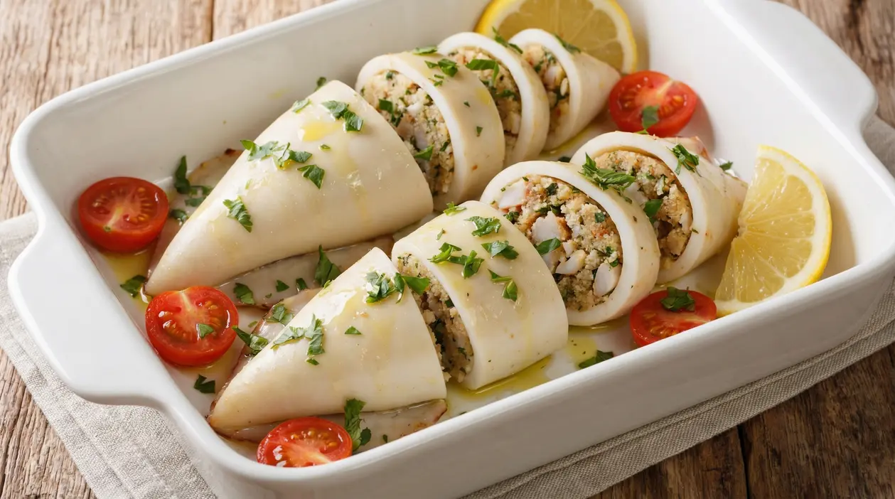 Calamari ripieni al forno con prezzemolo, pomodorini e fettine di limone in una pirofila bianca