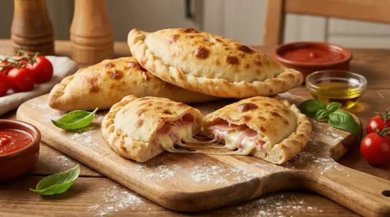 Calzoni ripieni al forno su tagliere di legno, con ripieno filante di formaggio e prosciutto