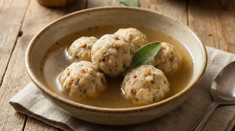 Canederli in brodo serviti in una ciotola di ceramica su un tavolo di legno rustico