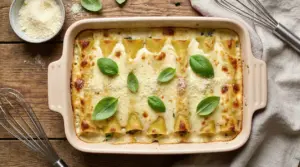 Cannelloni ripieni di carne al forno con besciamella e foglie di basilico in una teglia
