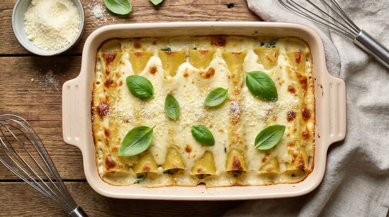Cannelloni ripieni di carne al forno con besciamella e foglie di basilico in una teglia