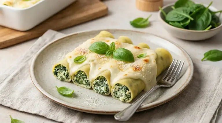 Cannelloni vegetariani ripieni di ricotta e spinaci, serviti con besciamella leggera e basilico fresco.