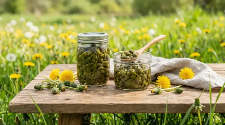 Vasi di capperi di tarassaco su tavolo di legno all'aperto con sfondo di fiori di tarassaco