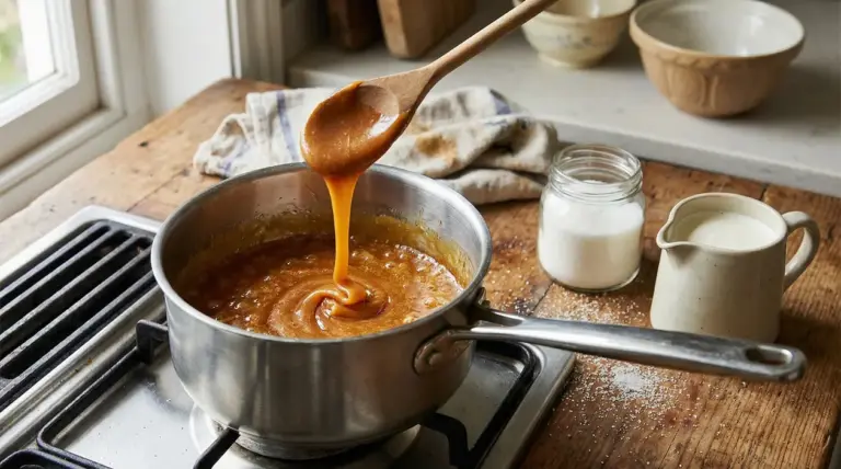 Caramello fatto in casa mescolato in un pentolino su fornello a gas