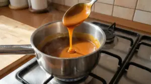 Caramello denso versato in un pentolino su fornello acceso