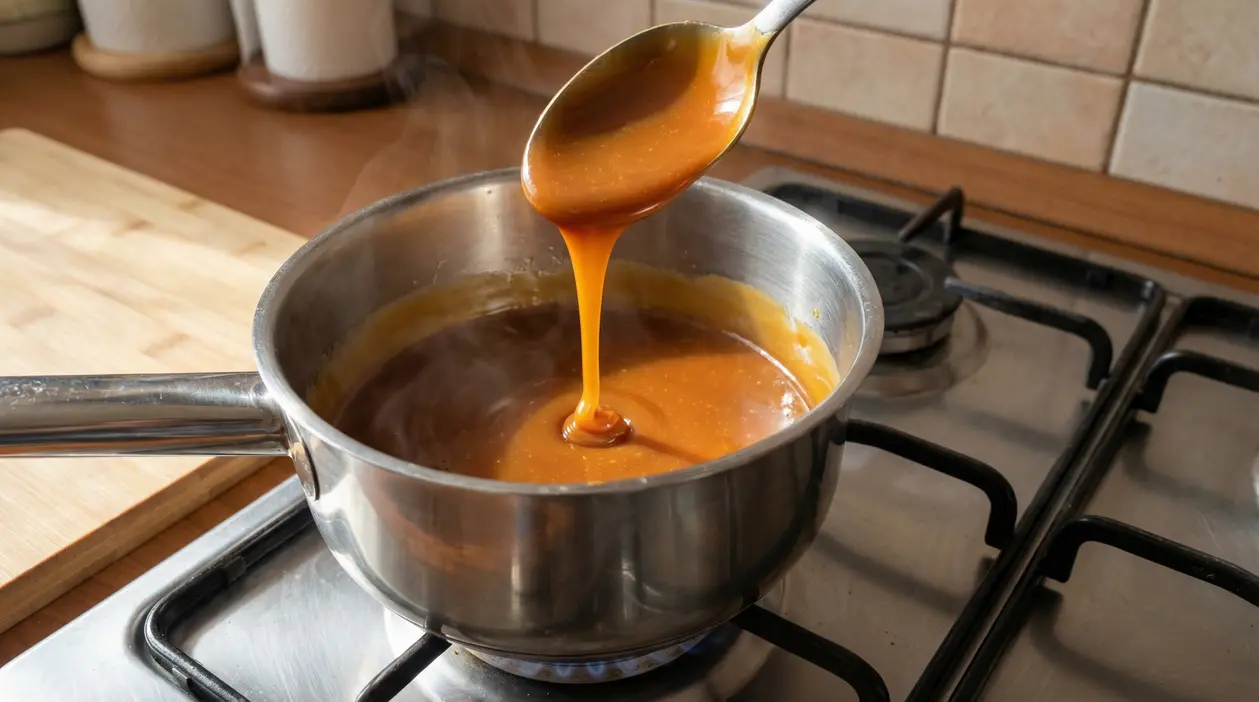 Caramello denso versato in un pentolino su fornello acceso