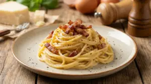 Piatto di spaghetti alla carbonara con guanciale croccante e crema di uova