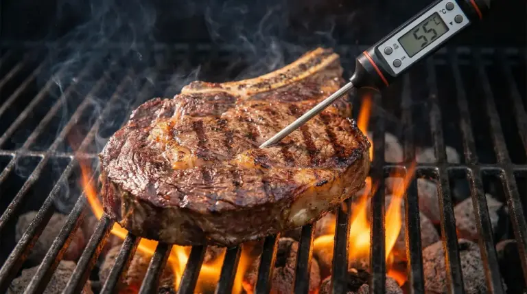 Bistecca sulla griglia con termometro da cucina che misura la temperatura interna