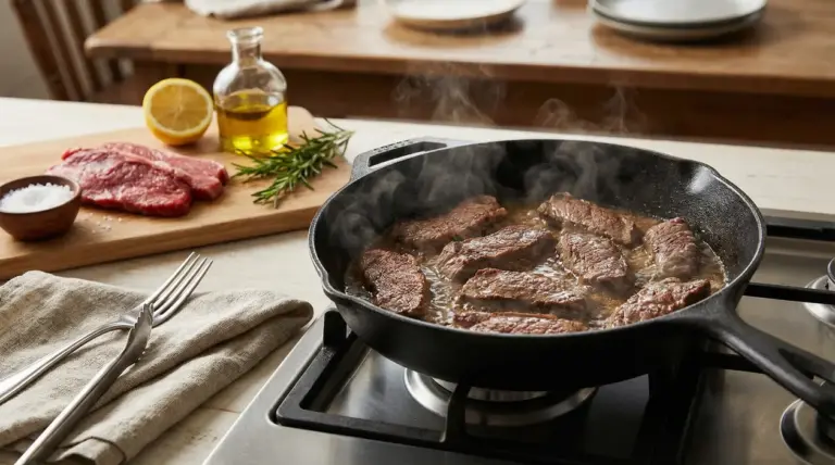 Strisce di carne che cuociono in padella con vapore, vicino a ingredienti freschi su un tagliere