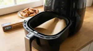 Carta da forno all'interno di una friggitrice ad aria su un piano cucina