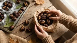 Mani che prendono castagne al cartoccio da un sacchetto su un tavolo rustico
