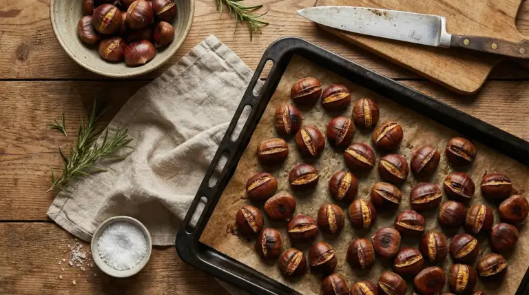 Castagne arrostite su una teglia da forno con sale grosso e rosmarino su tavolo rustico