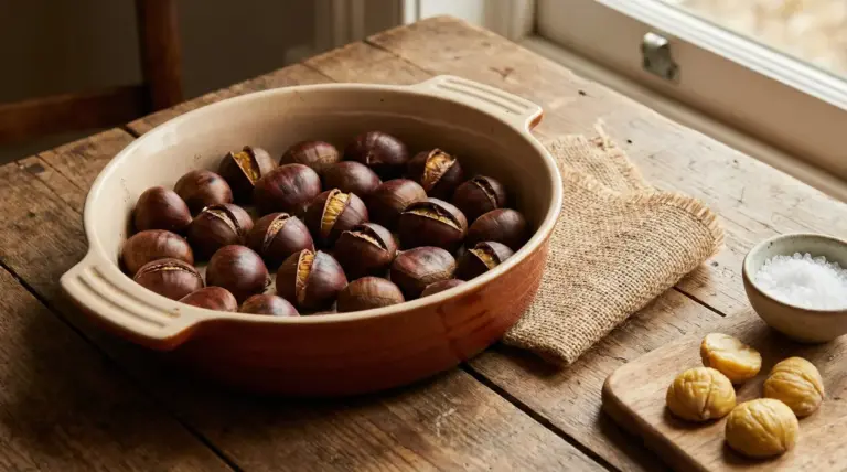 Castagne incise crude in una teglia di terracotta accanto a castagne cotte e sale grosso su un tavolo rustico